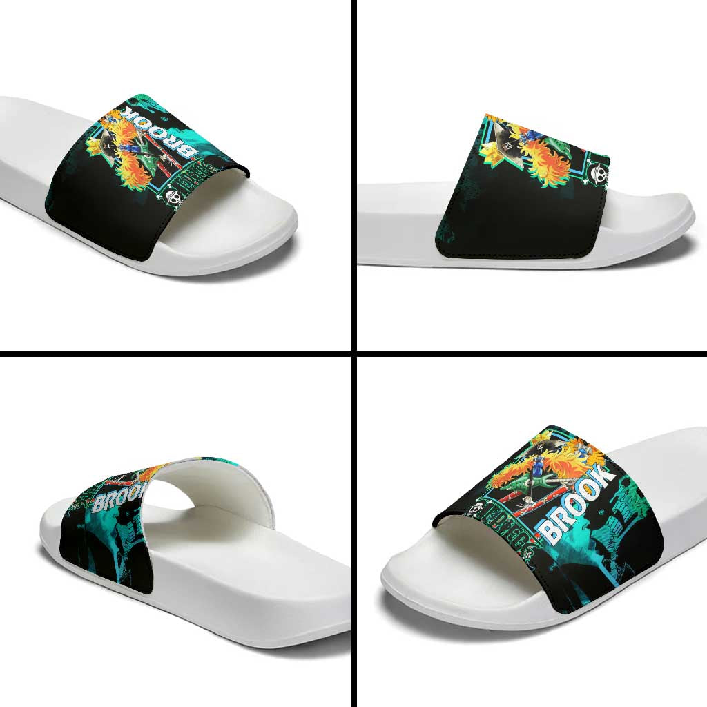 Brook One Piece Green and Black Theme Slide Sandals with Soul King Guitar and Skeleton Jolly Roger Design - The Mazicc
