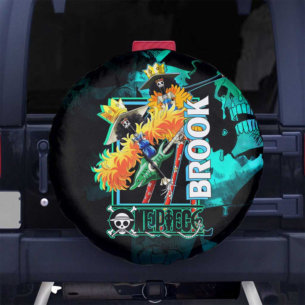 Brook One Piece Green and Black Theme Spare Tire Cover with Soul King Guitar and Skeleton Jolly Roger Design - The Mazicc