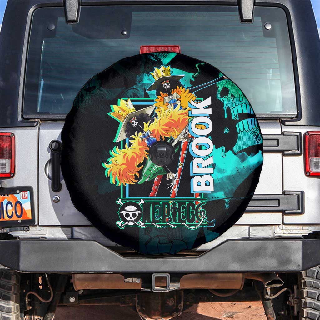 Brook One Piece Green and Black Theme Spare Tire Cover with Soul King Guitar and Skeleton Jolly Roger Design - The Mazicc