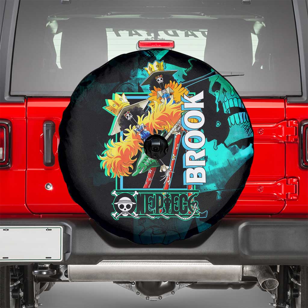 Brook One Piece Green and Black Theme Spare Tire Cover with Soul King Guitar and Skeleton Jolly Roger Design - The Mazicc