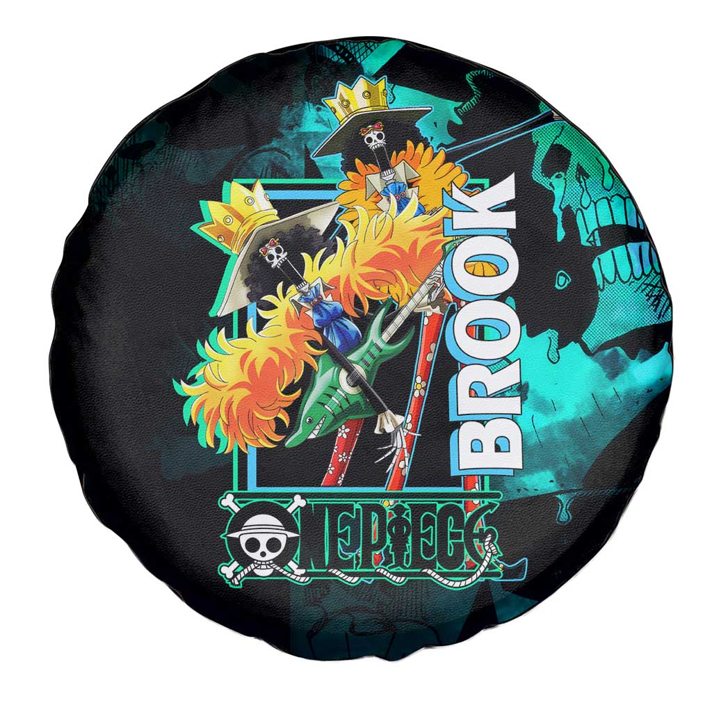 Brook One Piece Green and Black Theme Spare Tire Cover with Soul King Guitar and Skeleton Jolly Roger Design - The Mazicc