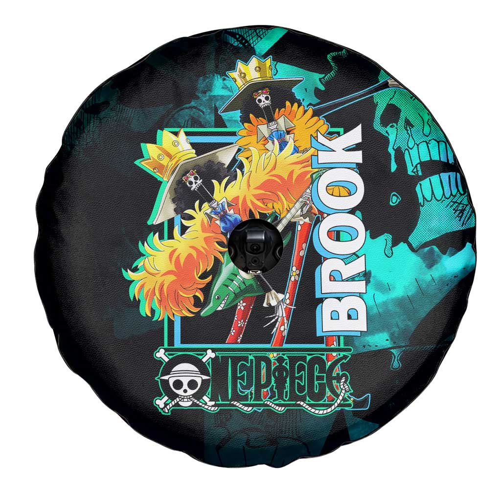 Brook One Piece Green and Black Theme Spare Tire Cover with Soul King Guitar and Skeleton Jolly Roger Design - The Mazicc