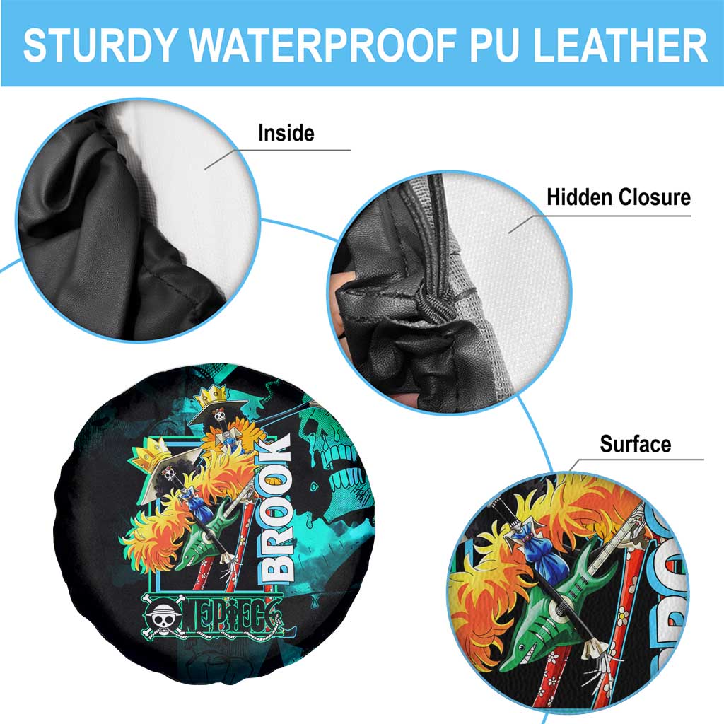 Brook One Piece Green and Black Theme Spare Tire Cover with Soul King Guitar and Skeleton Jolly Roger Design - The Mazicc