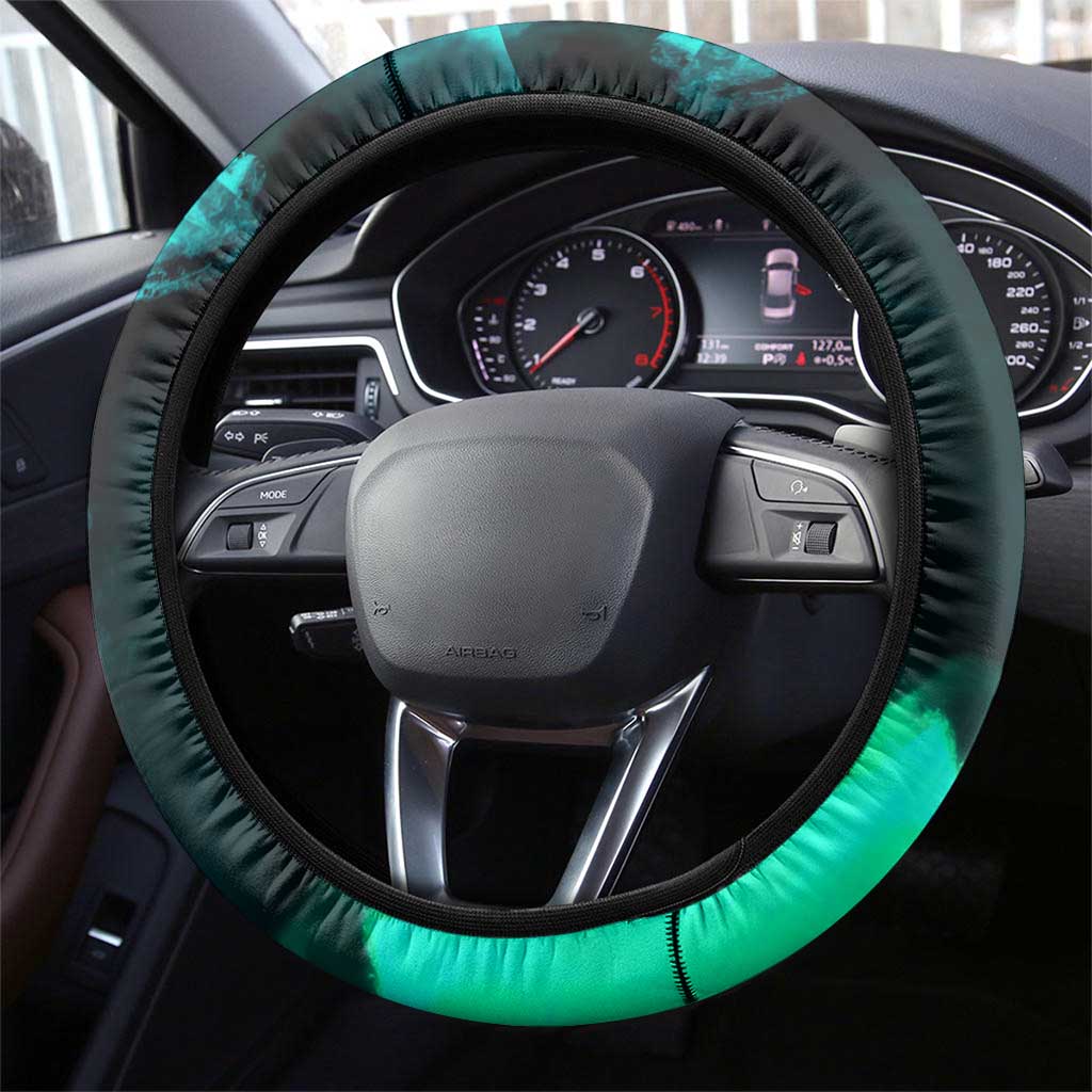 Brook One Piece Green and Black Theme Steering Wheel Cover with Soul King Guitar and Skeleton Jolly Roger Design - The Mazicc