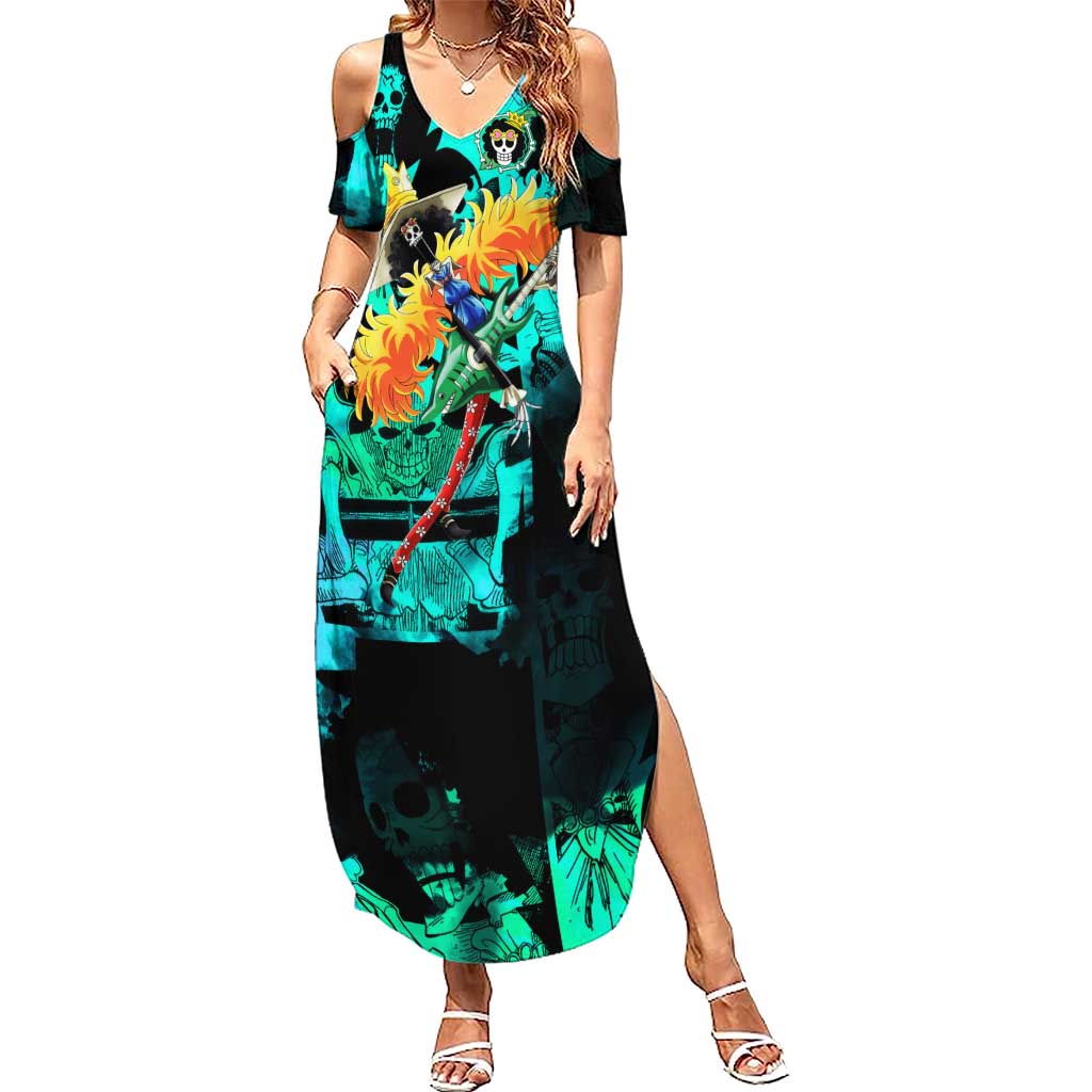 Brook One Piece Green and Black Theme Summer Maxi Dress with Soul King Guitar and Skeleton Jolly Roger Design - The Mazicc