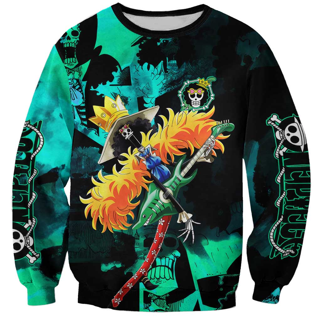 Brook One Piece Green and Black Theme Sweatshirt with Soul King Guitar and Skeleton Jolly Roger Design - The Mazicc