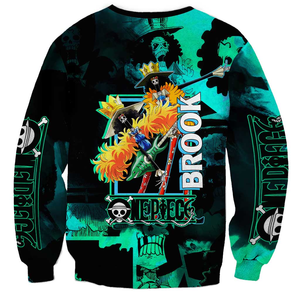 Brook One Piece Green and Black Theme Sweatshirt with Soul King Guitar and Skeleton Jolly Roger Design - The Mazicc