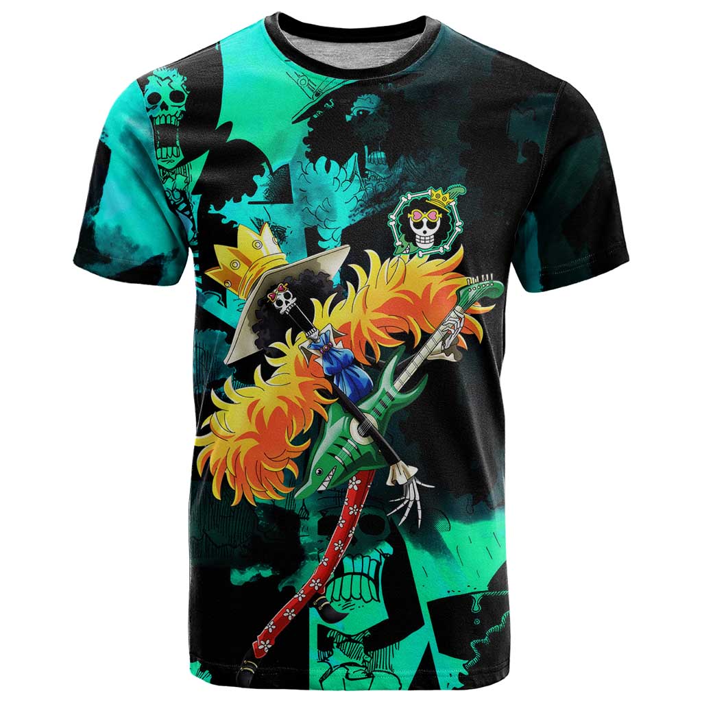 Brook One Piece Green and Black Theme T Shirt with Soul King Guitar and Skeleton Jolly Roger Design - The Mazicc