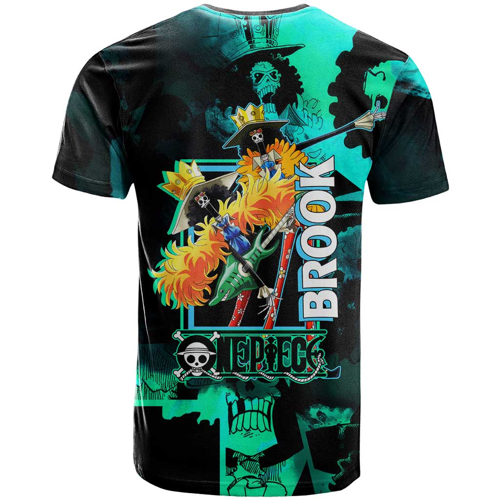 Brook One Piece Green and Black Theme T Shirt with Soul King Guitar and Skeleton Jolly Roger Design - The Mazicc