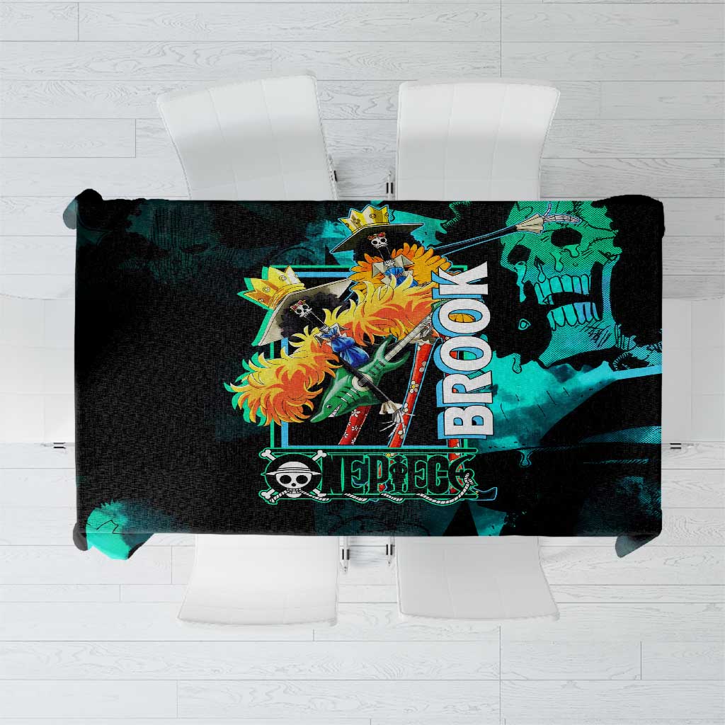 Brook One Piece Green and Black Theme Tablecloth with Soul King Guitar and Skeleton Jolly Roger Design - The Mazicc