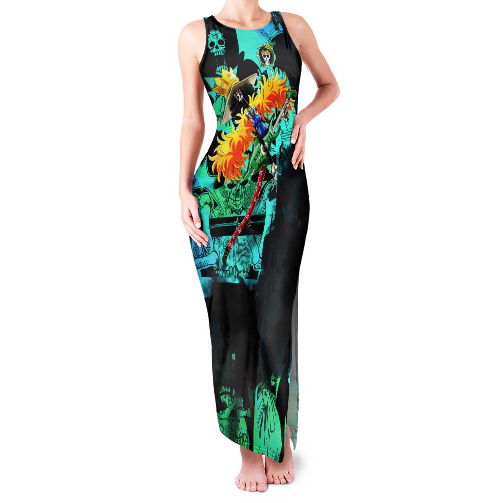 Brook One Piece Green and Black Theme Tank Maxi Dress with Soul King Guitar and Skeleton Jolly Roger Design - The Mazicc