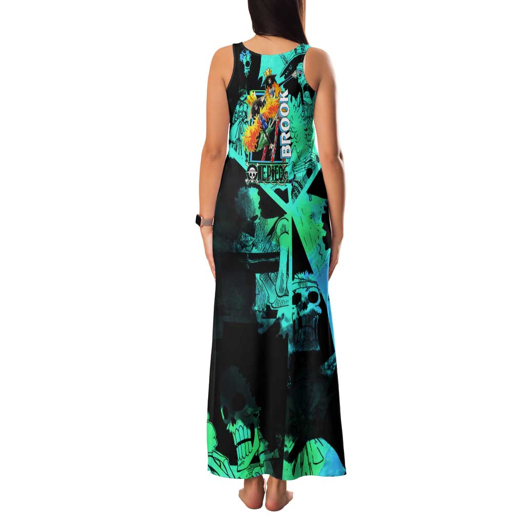 Brook One Piece Green and Black Theme Tank Maxi Dress with Soul King Guitar and Skeleton Jolly Roger Design - The Mazicc