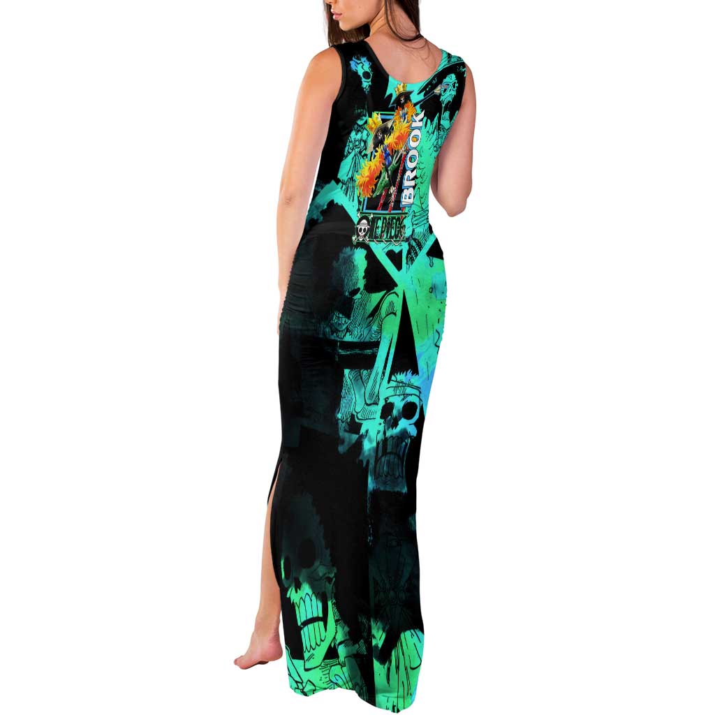 Brook One Piece Green and Black Theme Tank Maxi Dress with Soul King Guitar and Skeleton Jolly Roger Design - The Mazicc