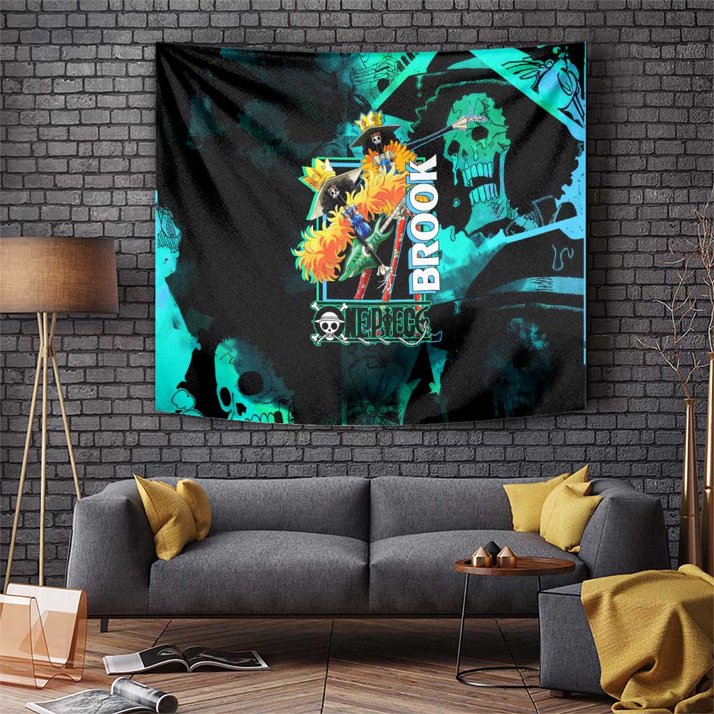 Brook One Piece Green and Black Theme Tapestry with Soul King Guitar and Skeleton Jolly Roger Design - The Mazicc