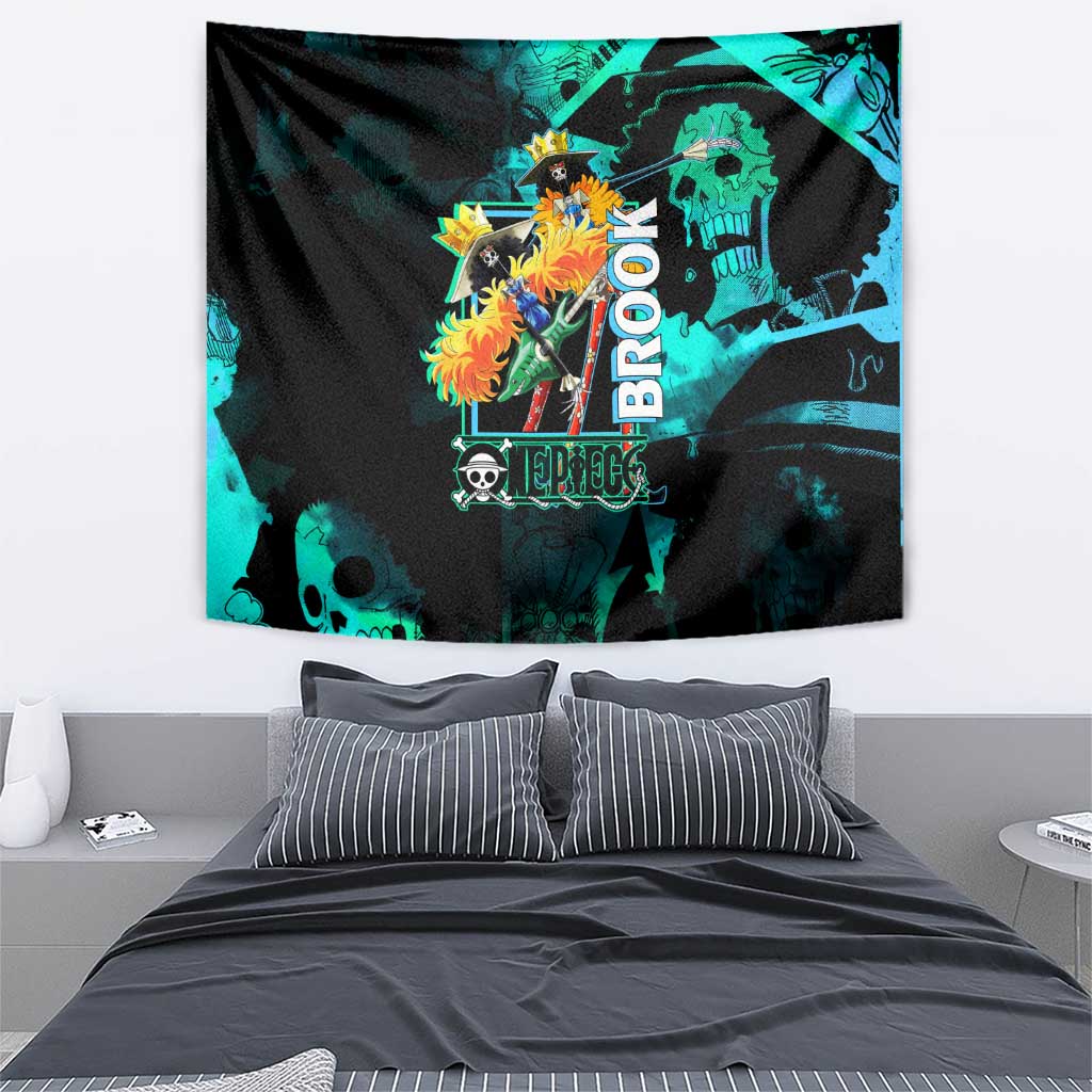 Brook One Piece Green and Black Theme Tapestry with Soul King Guitar and Skeleton Jolly Roger Design - The Mazicc