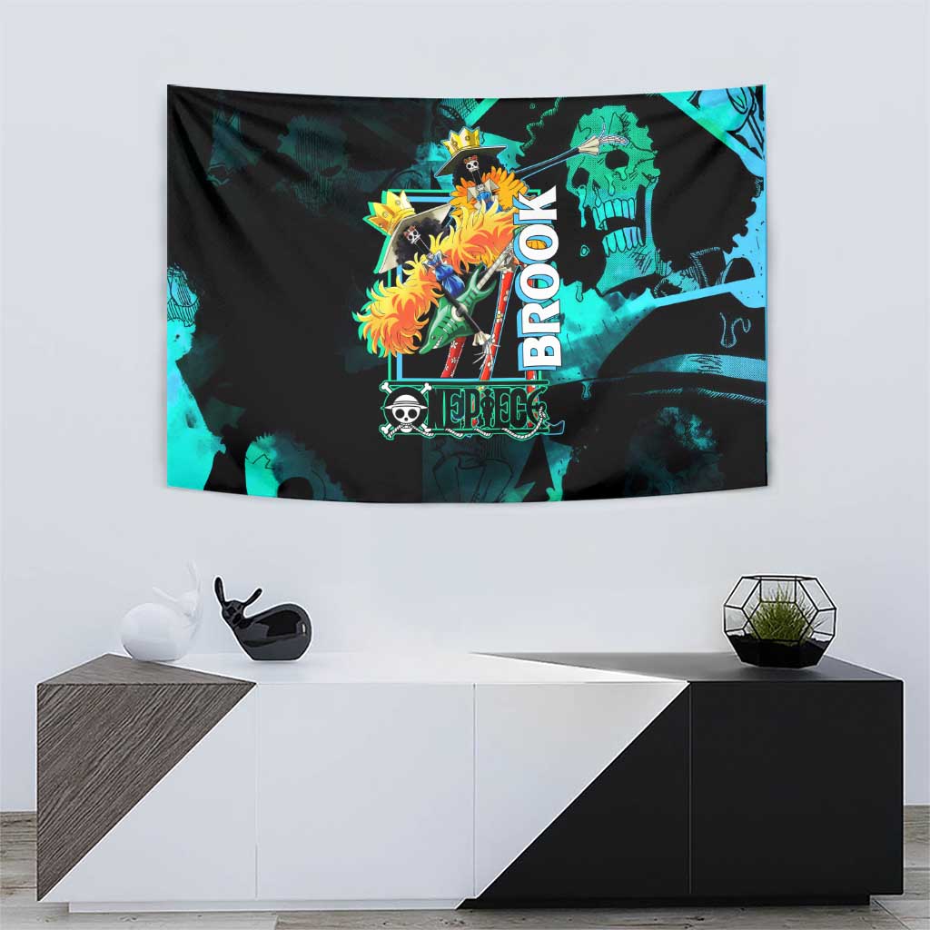 Brook One Piece Green and Black Theme Tapestry with Soul King Guitar and Skeleton Jolly Roger Design - The Mazicc