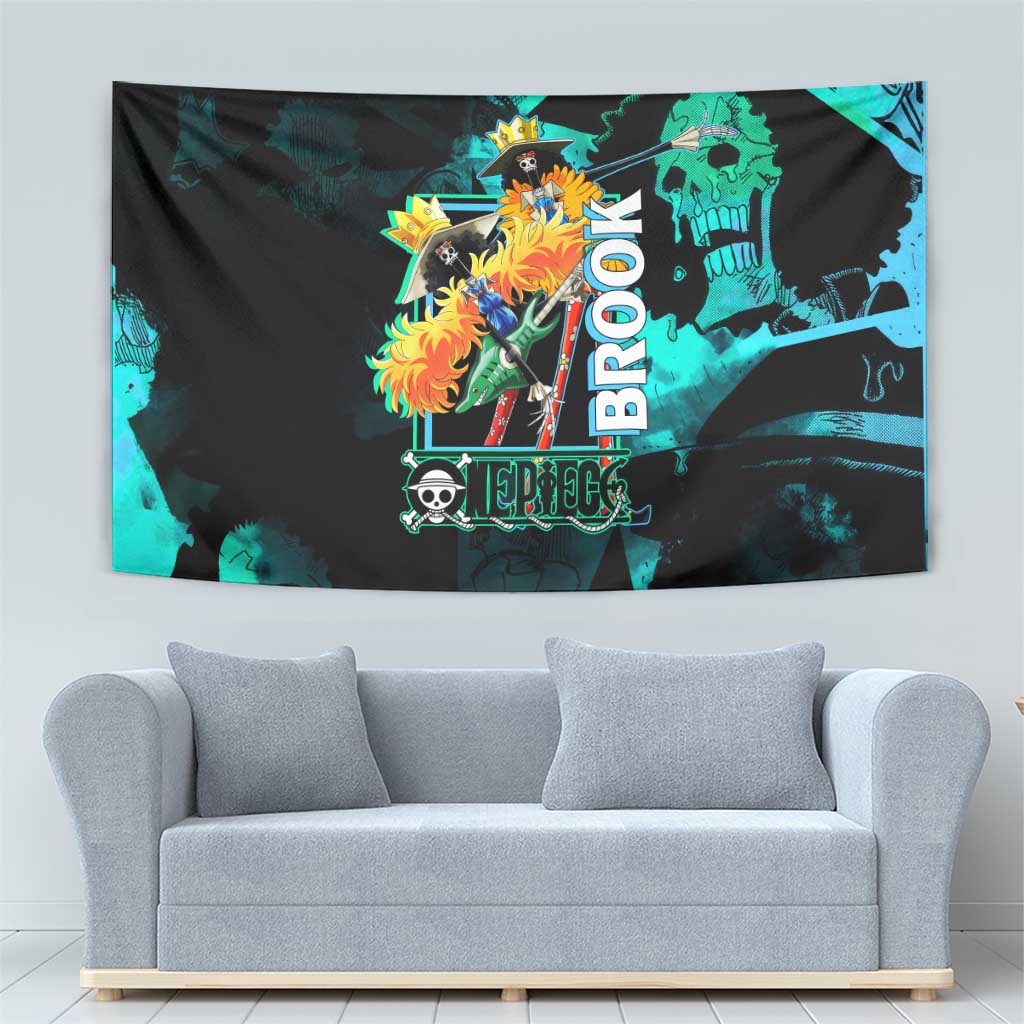Brook One Piece Green and Black Theme Tapestry with Soul King Guitar and Skeleton Jolly Roger Design - The Mazicc