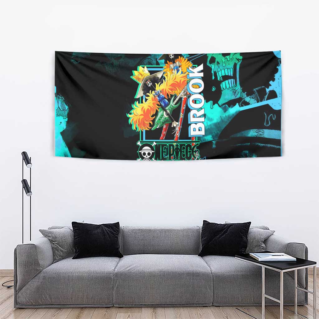Brook One Piece Green and Black Theme Tapestry with Soul King Guitar and Skeleton Jolly Roger Design - The Mazicc