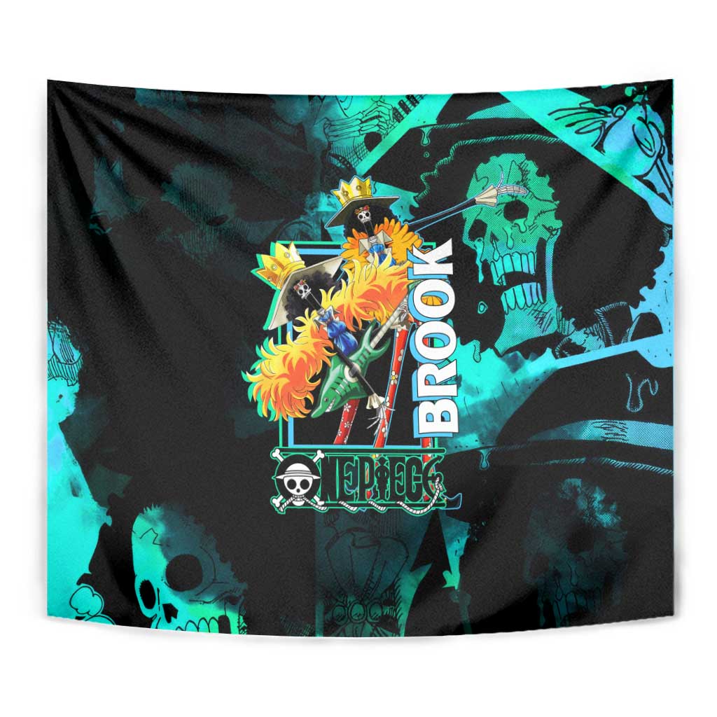 Brook One Piece Green and Black Theme Tapestry with Soul King Guitar and Skeleton Jolly Roger Design - The Mazicc