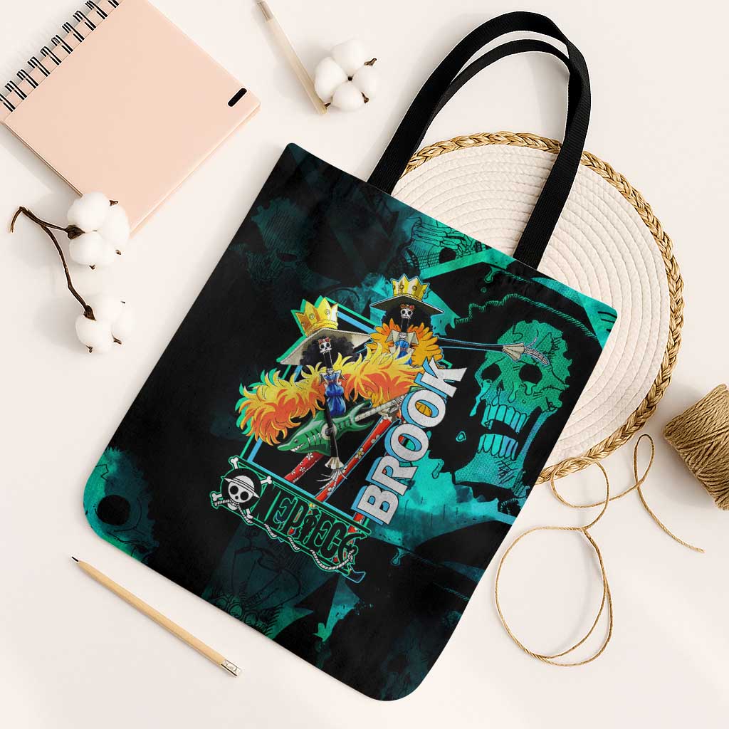 Brook One Piece Green and Black Theme Tote Bag with Soul King Guitar and Skeleton Jolly Roger Design - The Mazicc
