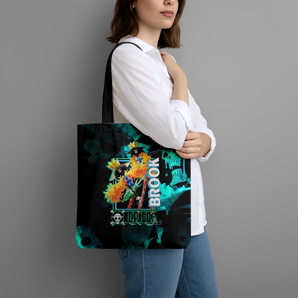 Brook One Piece Green and Black Theme Tote Bag with Soul King Guitar and Skeleton Jolly Roger Design - The Mazicc