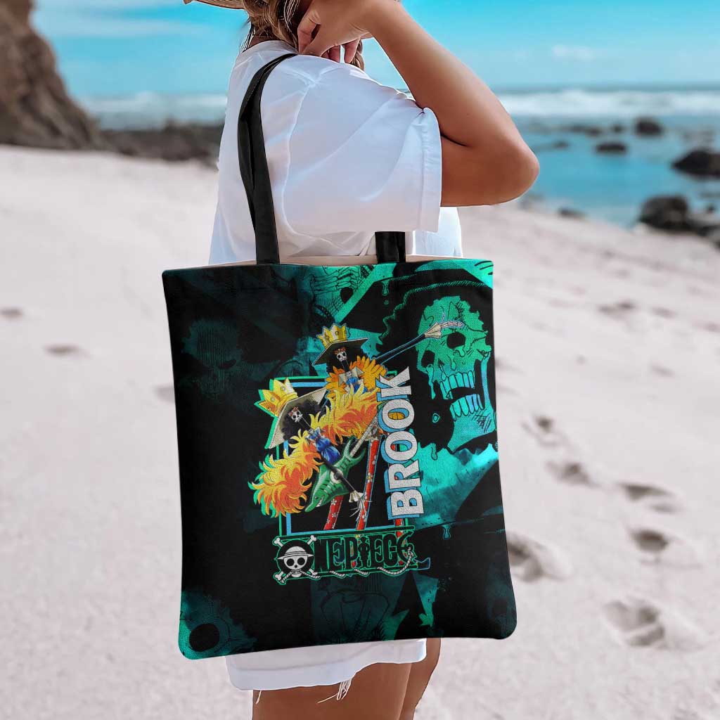 Brook One Piece Green and Black Theme Tote Bag with Soul King Guitar and Skeleton Jolly Roger Design - The Mazicc