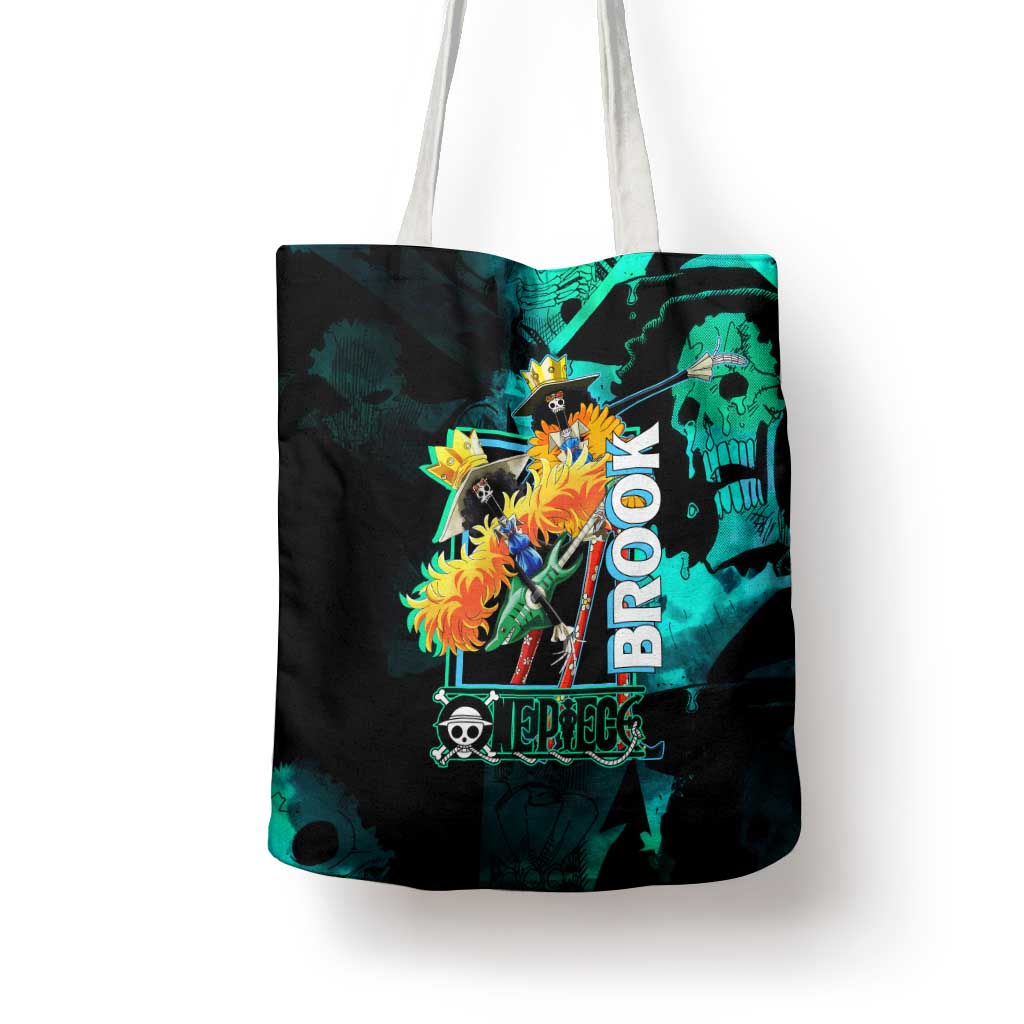 Brook One Piece Green and Black Theme Tote Bag with Soul King Guitar and Skeleton Jolly Roger Design - The Mazicc