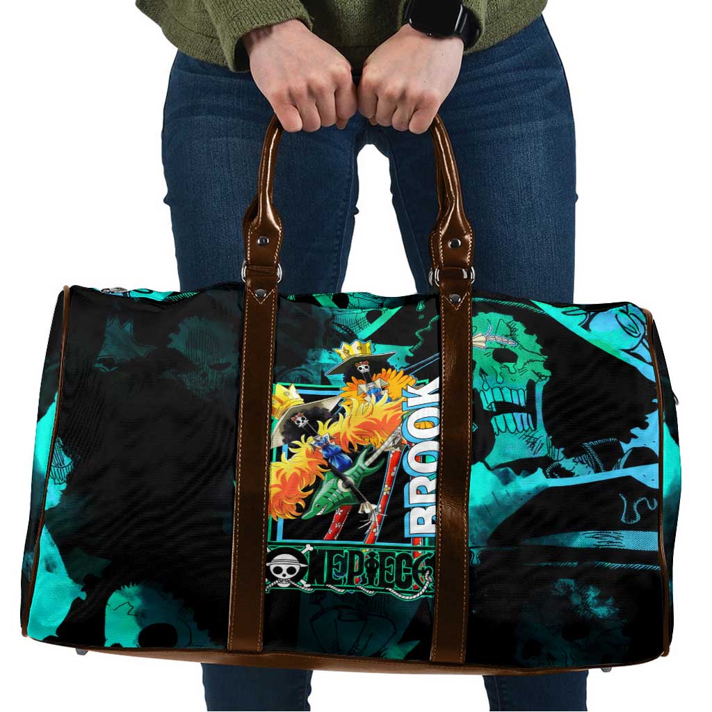 Brook One Piece Green and Black Theme Travel Bag with Soul King Guitar and Skeleton Jolly Roger Design - The Mazicc