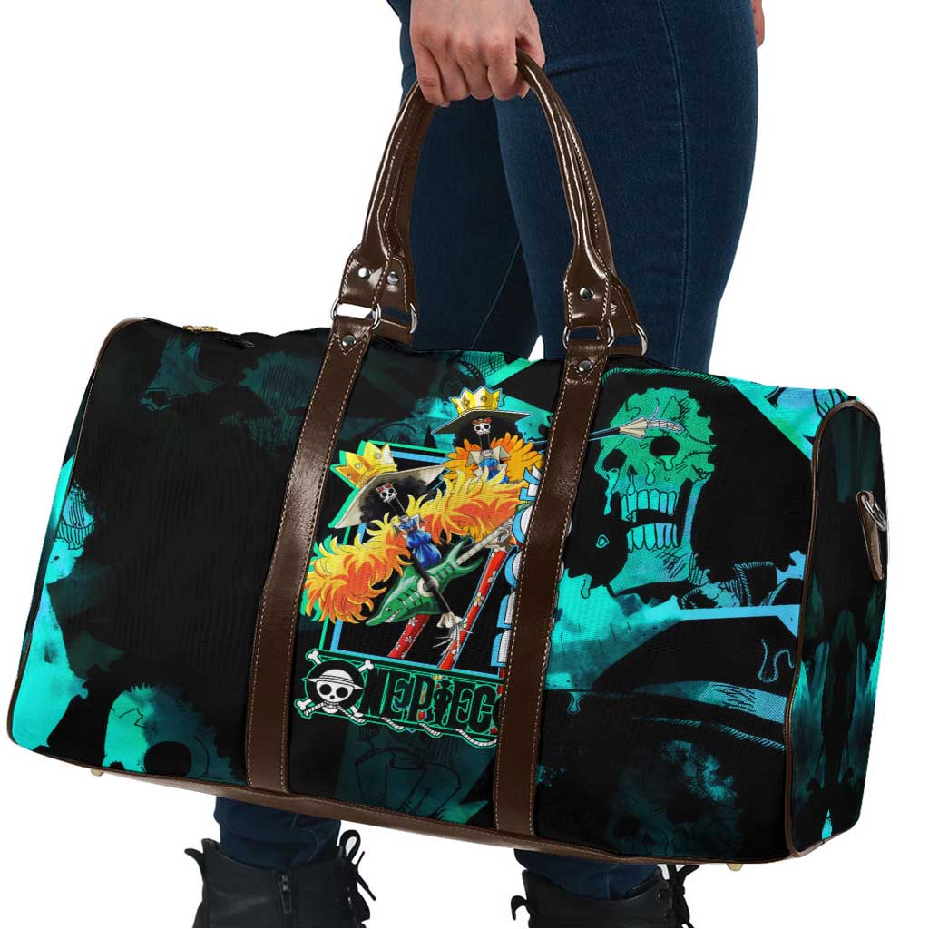 Brook One Piece Green and Black Theme Travel Bag with Soul King Guitar and Skeleton Jolly Roger Design - The Mazicc