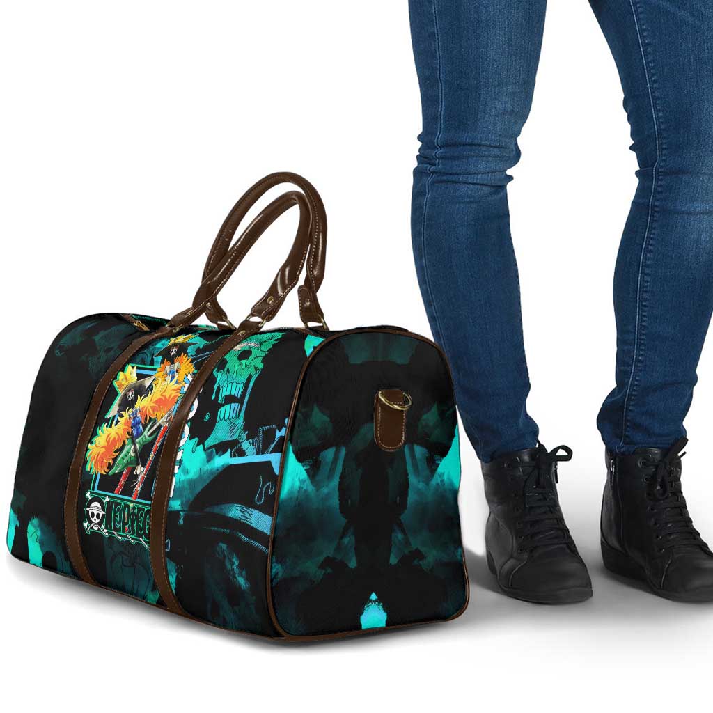 Brook One Piece Green and Black Theme Travel Bag with Soul King Guitar and Skeleton Jolly Roger Design - The Mazicc