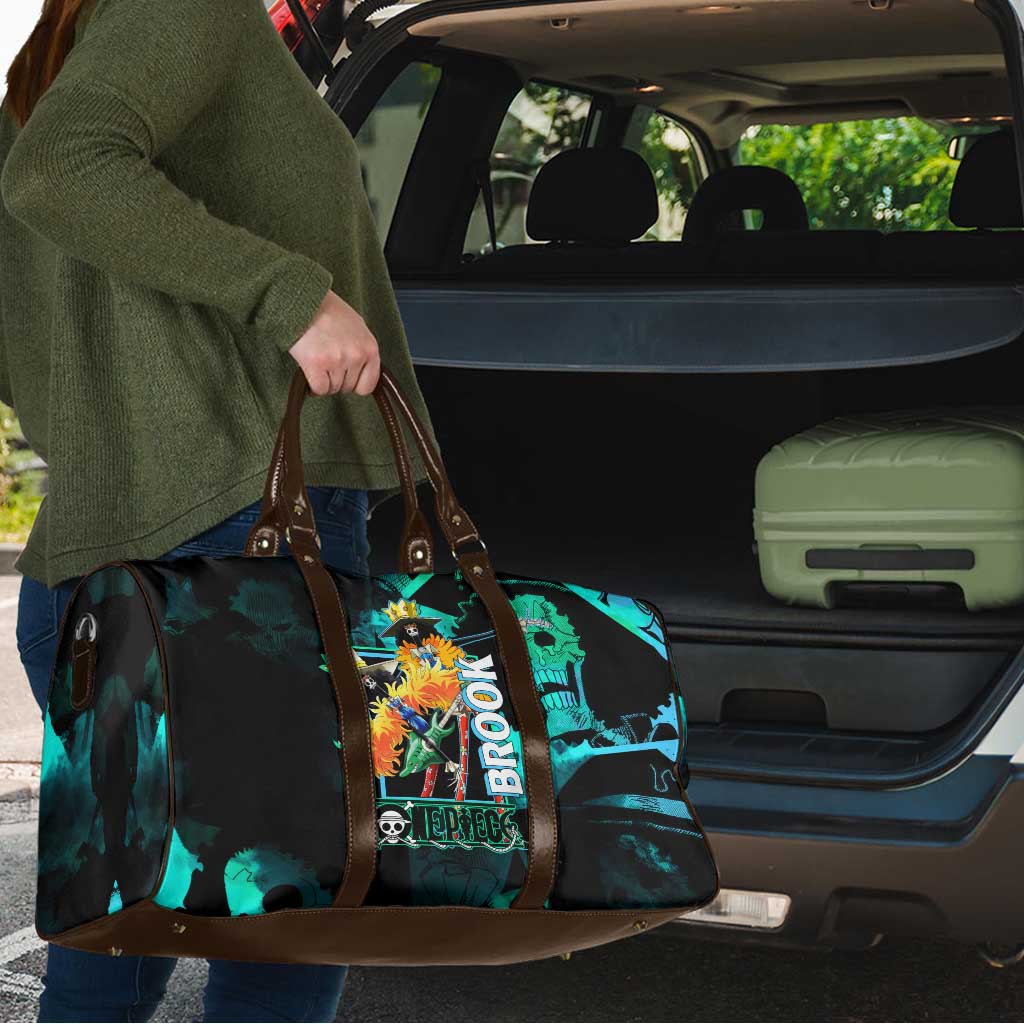Brook One Piece Green and Black Theme Travel Bag with Soul King Guitar and Skeleton Jolly Roger Design - The Mazicc