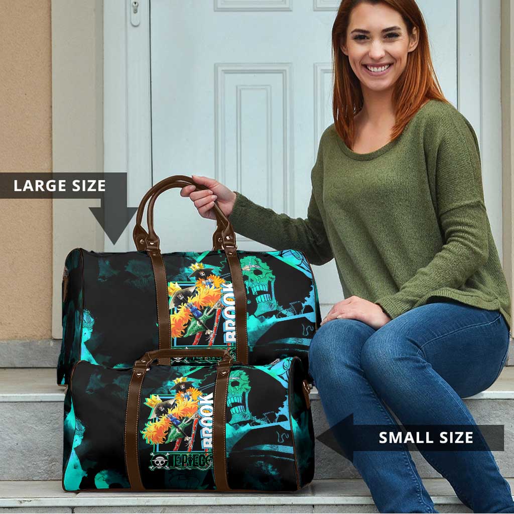 Brook One Piece Green and Black Theme Travel Bag with Soul King Guitar and Skeleton Jolly Roger Design - The Mazicc