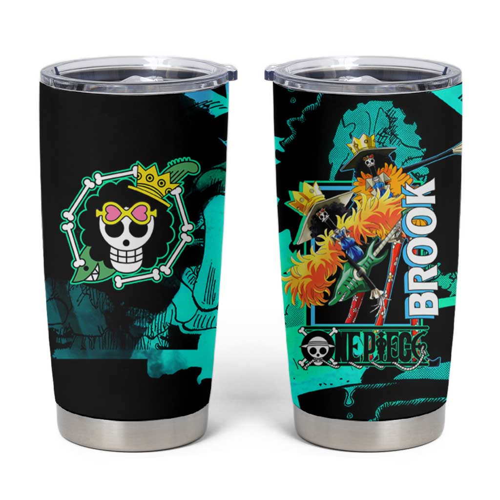 Brook One Piece Green and Black Theme Tumbler Cup with Soul King Guitar and Skeleton Jolly Roger Design - The Mazicc