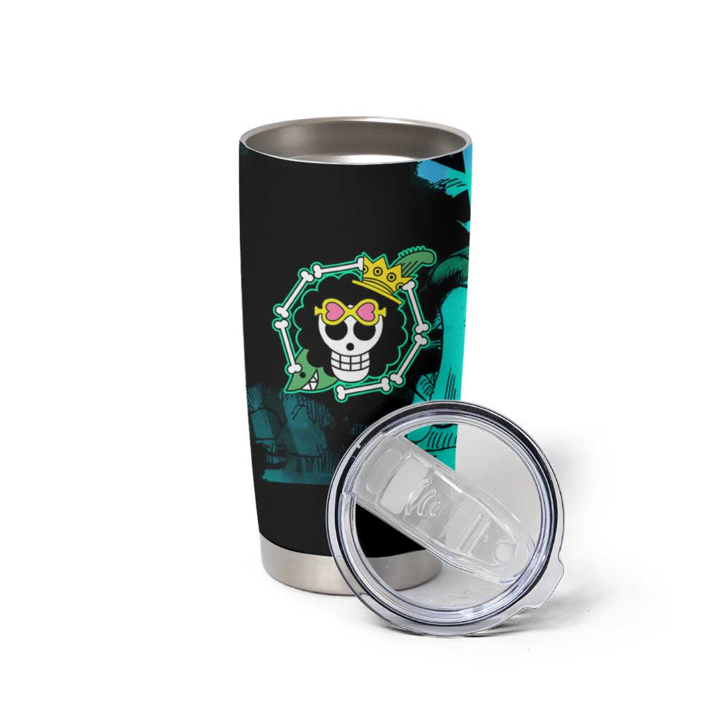 Brook One Piece Green and Black Theme Tumbler Cup with Soul King Guitar and Skeleton Jolly Roger Design - The Mazicc