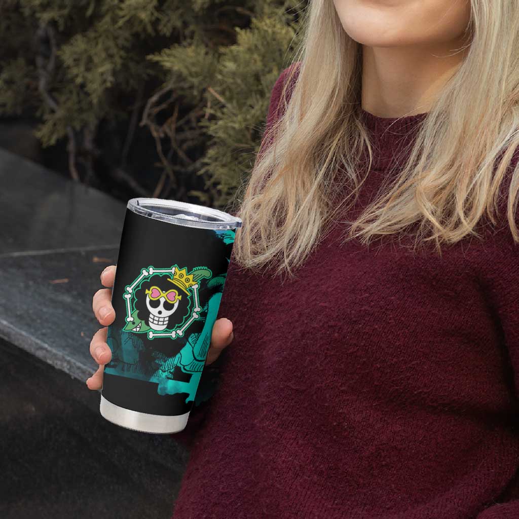 Brook One Piece Green and Black Theme Tumbler Cup with Soul King Guitar and Skeleton Jolly Roger Design - The Mazicc