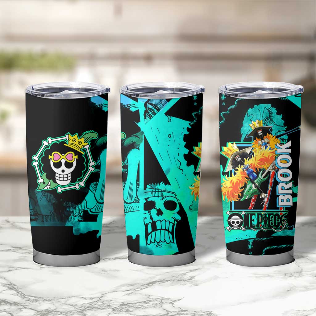 Brook One Piece Green and Black Theme Tumbler Cup with Soul King Guitar and Skeleton Jolly Roger Design - The Mazicc
