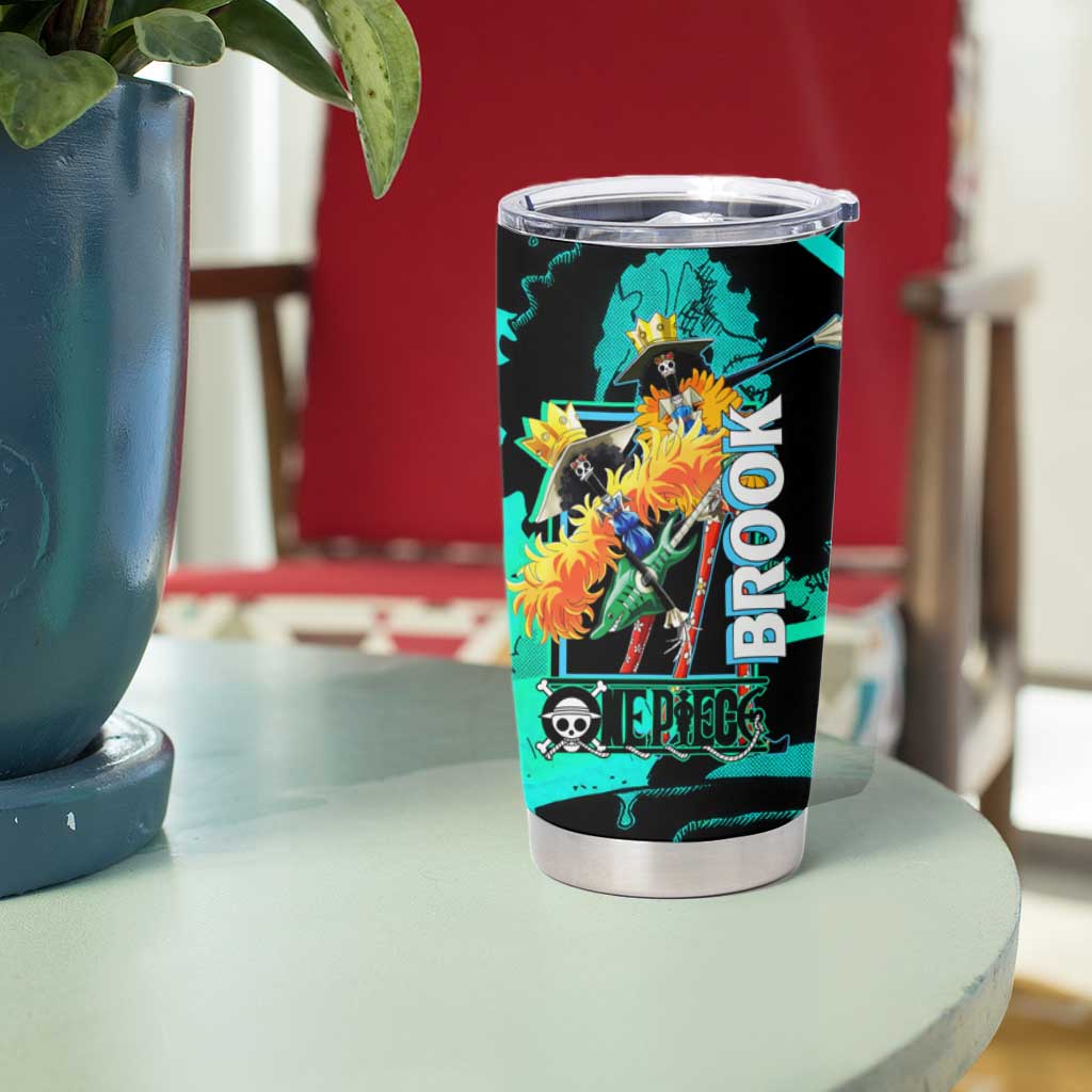 Brook One Piece Green and Black Theme Tumbler Cup with Soul King Guitar and Skeleton Jolly Roger Design - The Mazicc