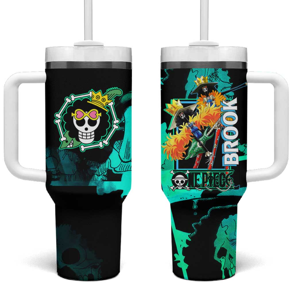 Brook One Piece Green and Black Theme Tumbler With Handle with Soul King Guitar and Skeleton Jolly Roger Design - The Mazicc
