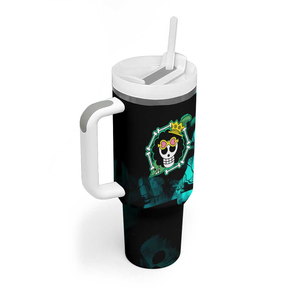 Brook One Piece Green and Black Theme Tumbler With Handle with Soul King Guitar and Skeleton Jolly Roger Design - The Mazicc