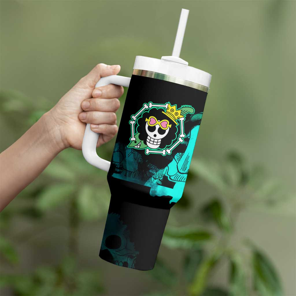 Brook One Piece Green and Black Theme Tumbler With Handle with Soul King Guitar and Skeleton Jolly Roger Design - The Mazicc