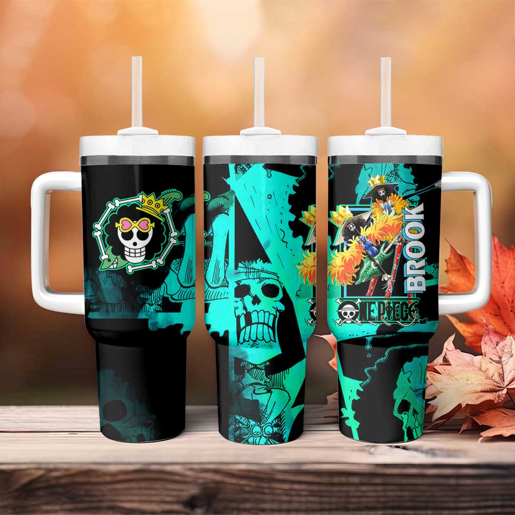 Brook One Piece Green and Black Theme Tumbler With Handle with Soul King Guitar and Skeleton Jolly Roger Design - The Mazicc
