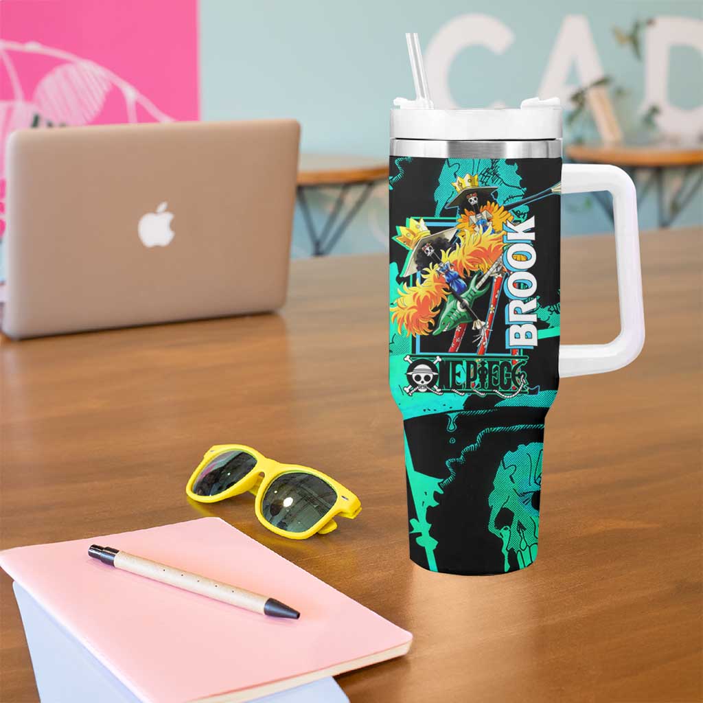 Brook One Piece Green and Black Theme Tumbler With Handle with Soul King Guitar and Skeleton Jolly Roger Design - The Mazicc