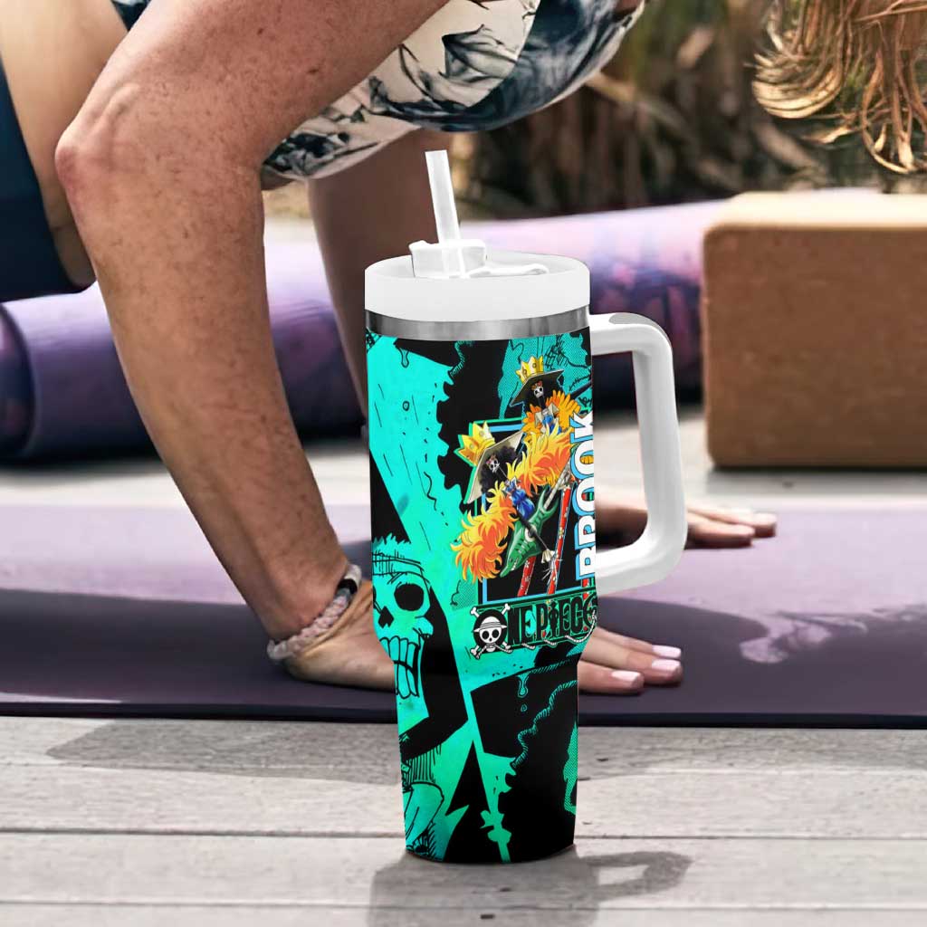 Brook One Piece Green and Black Theme Tumbler With Handle with Soul King Guitar and Skeleton Jolly Roger Design - The Mazicc