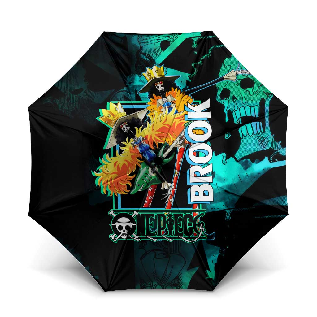 Brook One Piece Green and Black Theme Umbrella with Soul King Guitar and Skeleton Jolly Roger Design - The Mazicc