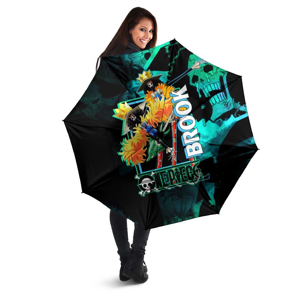 Brook One Piece Green and Black Theme Umbrella with Soul King Guitar and Skeleton Jolly Roger Design - The Mazicc