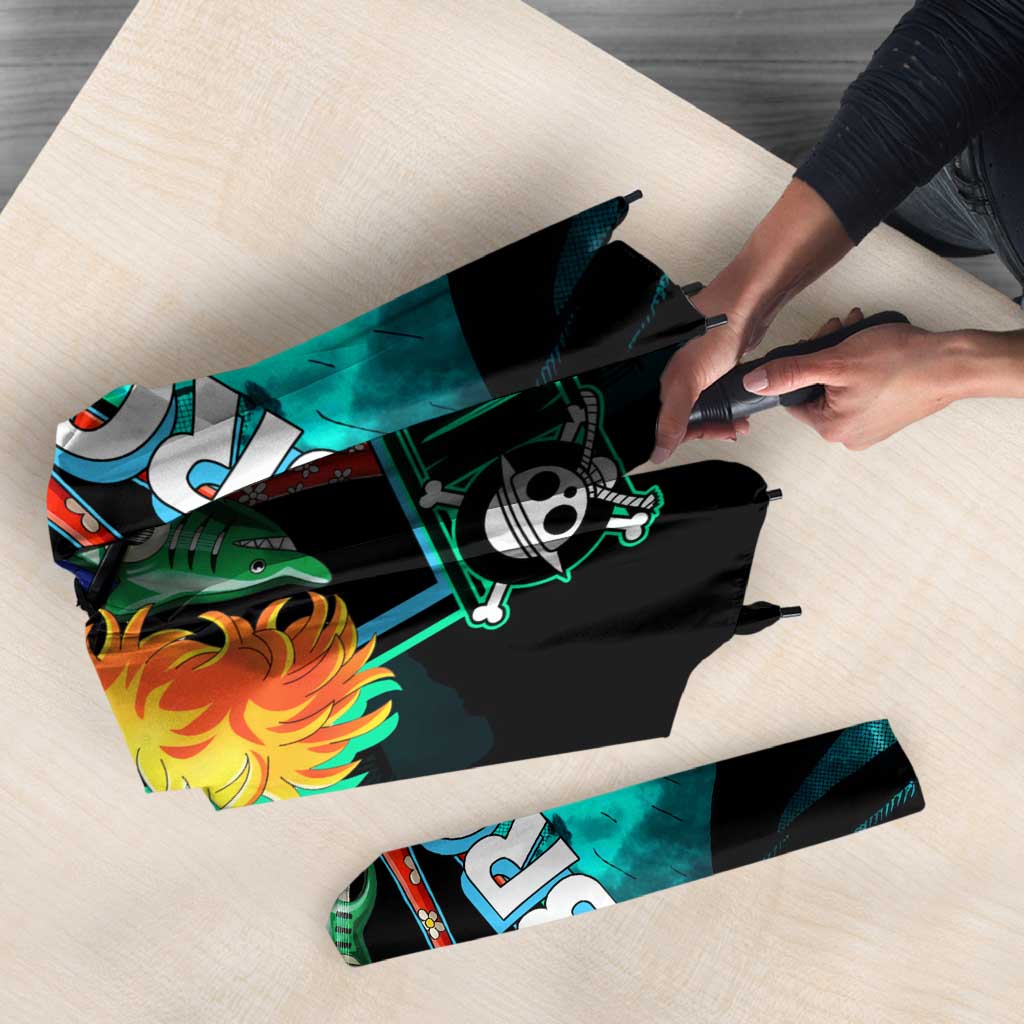 Brook One Piece Green and Black Theme Umbrella with Soul King Guitar and Skeleton Jolly Roger Design - The Mazicc