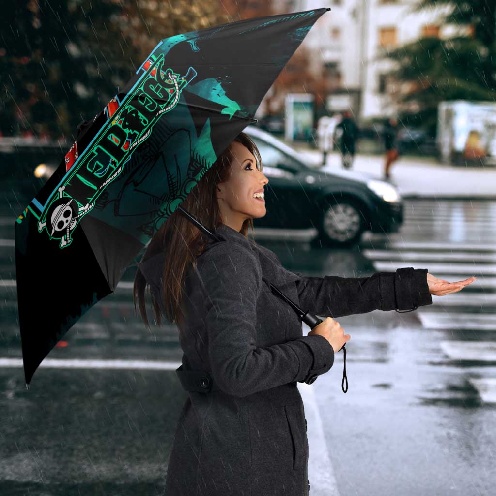 Brook One Piece Green and Black Theme Umbrella with Soul King Guitar and Skeleton Jolly Roger Design - The Mazicc