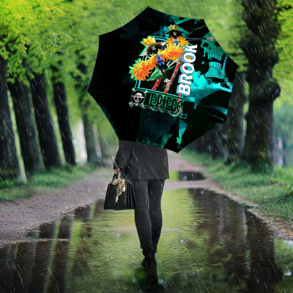 Brook One Piece Green and Black Theme Umbrella with Soul King Guitar and Skeleton Jolly Roger Design - The Mazicc