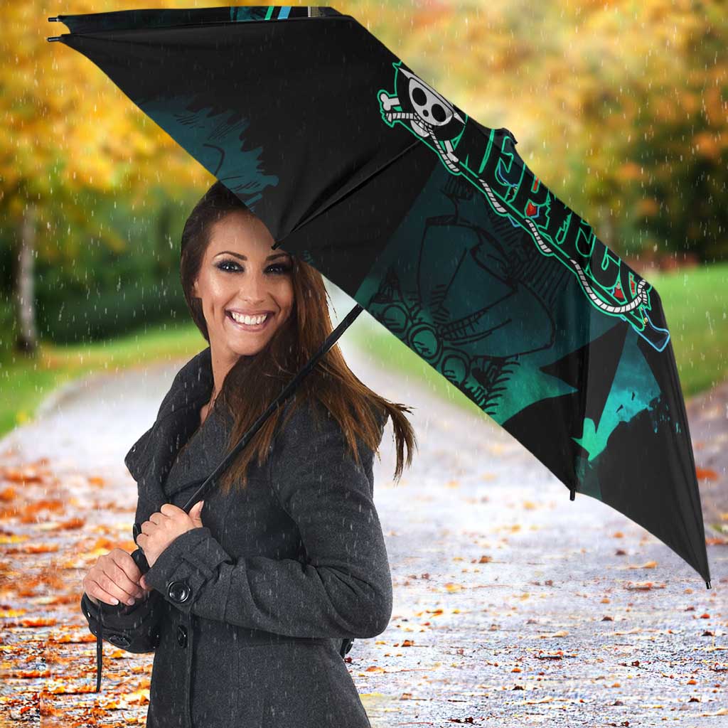 Brook One Piece Green and Black Theme Umbrella with Soul King Guitar and Skeleton Jolly Roger Design - The Mazicc