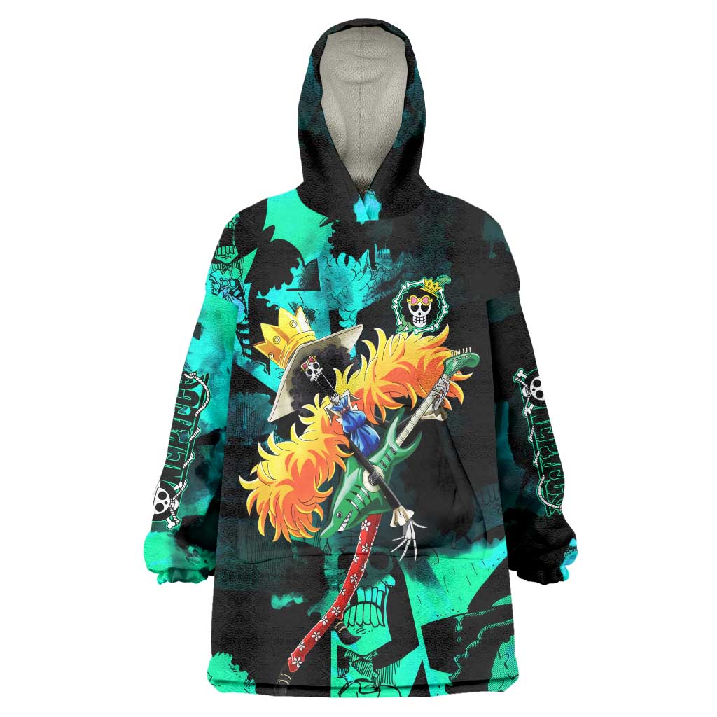 Brook One Piece Green and Black Theme Wearable Blanket Hoodie with Soul King Guitar and Skeleton Jolly Roger Design - The Mazicc